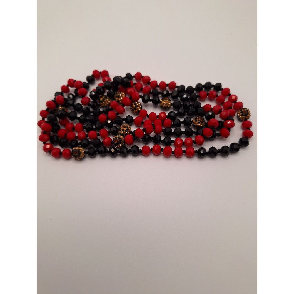 Beaded necklace endless red black gold faceted beads 58 inches